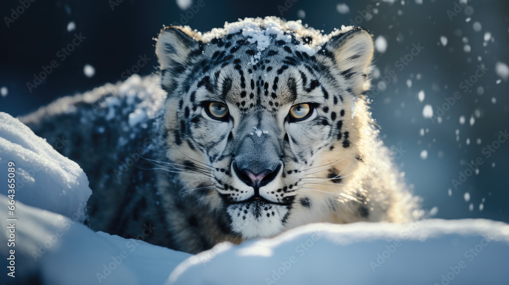 Snow leopard with long taill, sitting in nature stone rocky mountain habitat, Spiti Valley, Himalayas in India. Snow leopard Panthera uncia in the rock habitat, wildlife nature. Close-up wide angle. Snow leopard with long taill, sitting in nature stone rocky mountain habitat, Spiti Valley, Himalayas in India. Snow leopard Panthera uncia in the rock habitat, wildlife nature. Close-up wide angle.
