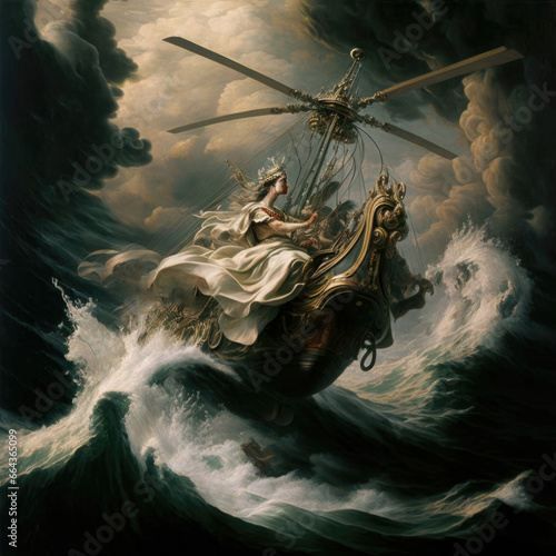 La Naufraga Degli Oceani. Illustrazione stile dipinto caravaggesco di Naufragio fra le onde d'elicottero medioevale o rinascimentale costruito nel seicento.  photo