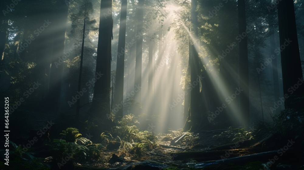 A dense, mist-shrouded forest with towering trees and an air of mystery as sunlight filters through the canopy.
