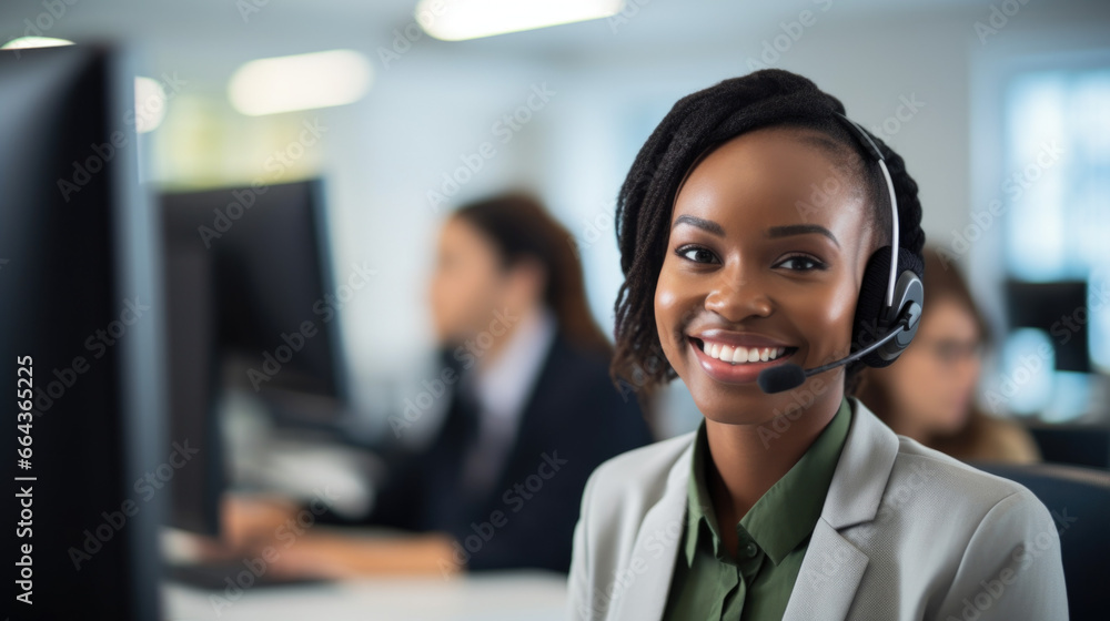 Friendly call center agent answering incoming calls with a headset, providing customer service remotely. Happy woman using her excellent communication skills to resolves customer issues. - obrazy, fototapety, plakaty 