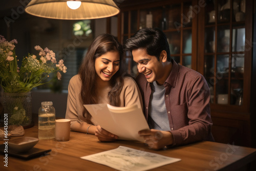 Happy young indian couple checking documents at home photo