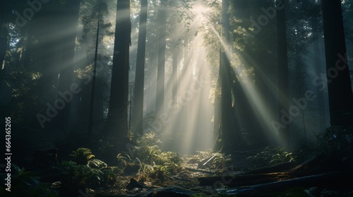 A dense, mist-shrouded forest with towering trees and an air of mystery as sunlight filters through the canopy.