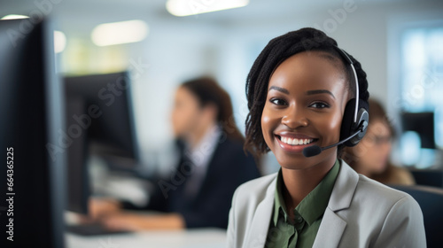 Friendly call center agent answering incoming calls with a headset, providing customer service remotely. Happy woman using her excellent communication skills to resolves customer issues. photo