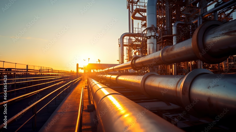 A pipeline to an oil refinery, industrial petrochemicals, an oil and gas plant against the background of sunset. A pipeline to an oil refinery, industrial petrochemicals, an oil and gas plant against the background of sunset.