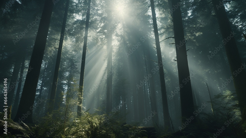 A dense, mist-shrouded forest with towering trees and an air of mystery as sunlight filters through the canopy.