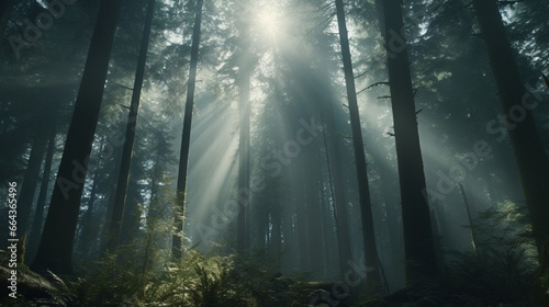 A dense  mist-shrouded forest with towering trees and an air of mystery as sunlight filters through the canopy.