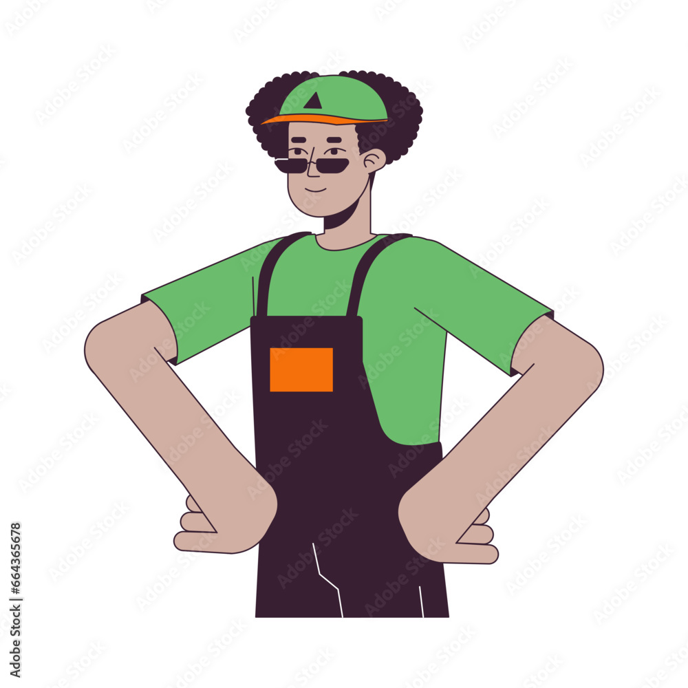Latino male professional mover hands on hips 2D linear cartoon character. Latin american guy courier isolated line vector person white background. Logistics employee color flat spot illustration Latino male professional mover hands on hips 2D linear cartoon character. Latin american guy courier isolated line vector person white background. Logistics employee color flat spot illustration