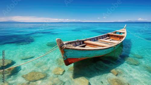 Wooden boat on white sand beach and blue sky in the background