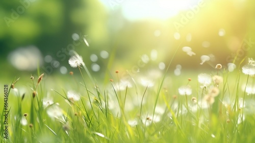Blurred focus on a light, airy spring and summer natural background. In the open air, in nature, wild grass sways in the breeze.