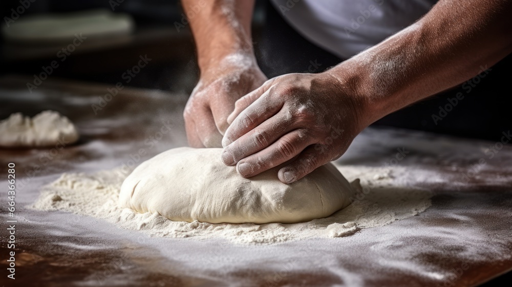 Preparing Pizza Dough - The process of making homemade pizza takes place on a kitchen table.