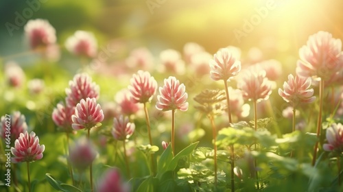 Clover meadow blooms in the sun with a natural flowery background pattern. On a gold background, close-up clover flowers sparkle in the sunlight.