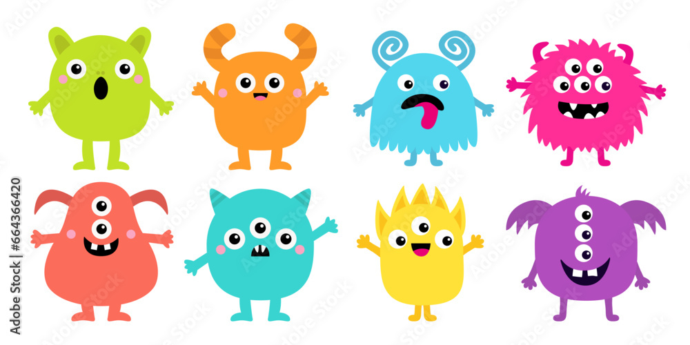 Monster colorful icon set. Happy Halloween. Eight monsters. Eyes, tongue, tooth fang, hands up. Cute cartoon kawaii scary funny baby character. Isolated. White background. Flat design. Monster colorful icon set. Happy Halloween. Eight monsters. Eyes, tongue, tooth fang, hands up. Cute cartoon kawaii scary funny baby character. Isolated. White background. Flat design.