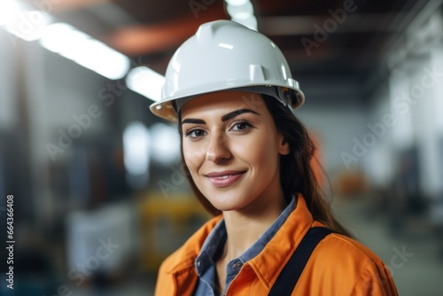 portrait of a cheerful young Professional engineer woman wearing a hard hat smiling happily and looking at the camera.