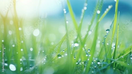 Early morning soft focus macro shot of freshly wet grass with dew drops on a pale blue background. background of elegant delicate mild abstract nature