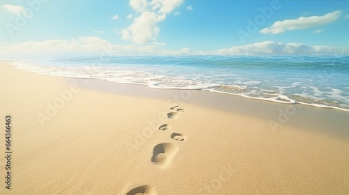 footprints on the golden, sun-drenched beach sand and a blue sea wave. template for a summer vacation background.