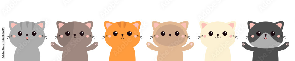 Cat set line. Kitten, kitty. Cute face, paw print. Different breeds and patterns, emotions, colors. Cartoon kawaii funny baby character. Kids collection. Sticker print. Flat design. White background. Cat set line. Kitten, kitty. Cute face, paw print. Different breeds and patterns, emotions, colors. Cartoon kawaii funny baby character. Kids collection. Sticker print. Flat design. White background.