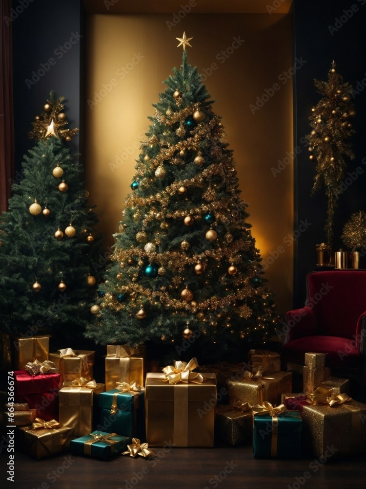 Christmas tree with red and gold presents and decoration, award winning fashion magazine cover photo
