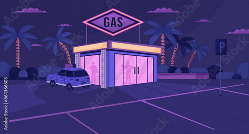 Silhouettes at gas station nighttime lofi wallpaper. People inside convenience store 2D cityscape cartoon flat illustration. Empty parking lot chill vector art, lo fi aesthetic colorful background