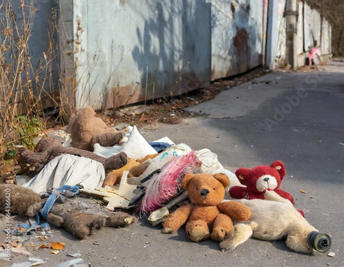Weggeworfene Spielzeuge und Stofftiere - Wegwerfgesellschaft, Konsum, Verschwendung