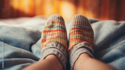 A close-up of a baby's feet, cozy in warm socks, resting in a comfortable bed.