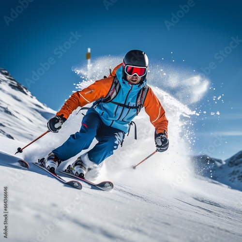 A young man skis untracked powder off-piste in mountains