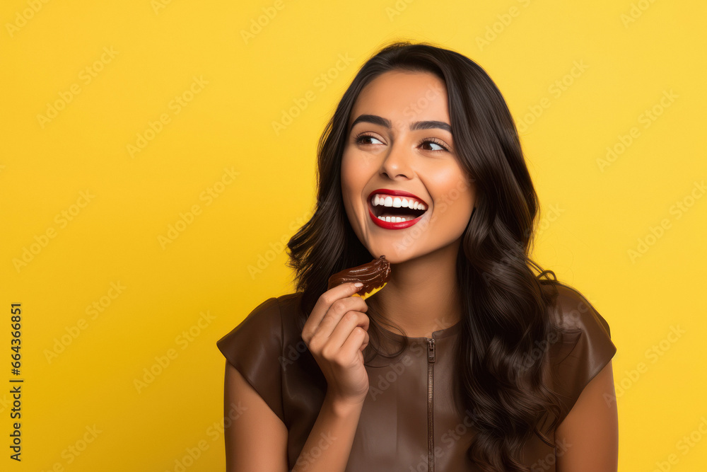Beautiful young Indian woman eating chocolate Beautiful young Indian woman eating chocolate