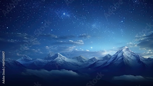 a night sky filled with twinkling stars  a bright moon  and wispy clouds over a silhouette of majestic mountains.