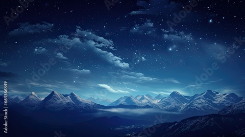 a night sky filled with twinkling stars, a bright moon, and wispy clouds over a silhouette of majestic mountains.