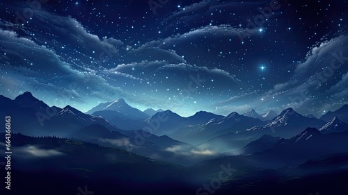 a night sky filled with twinkling stars, a bright moon, and wispy clouds over a silhouette of majestic mountains.