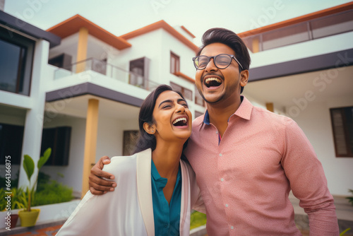 Beautiful young Indian couple standing in front of house