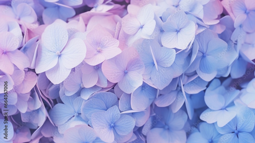 Light blue and violet pastels are used to create a delicate natural floral background. Soft focus, macro texture of hydrangea flowers in the wild.