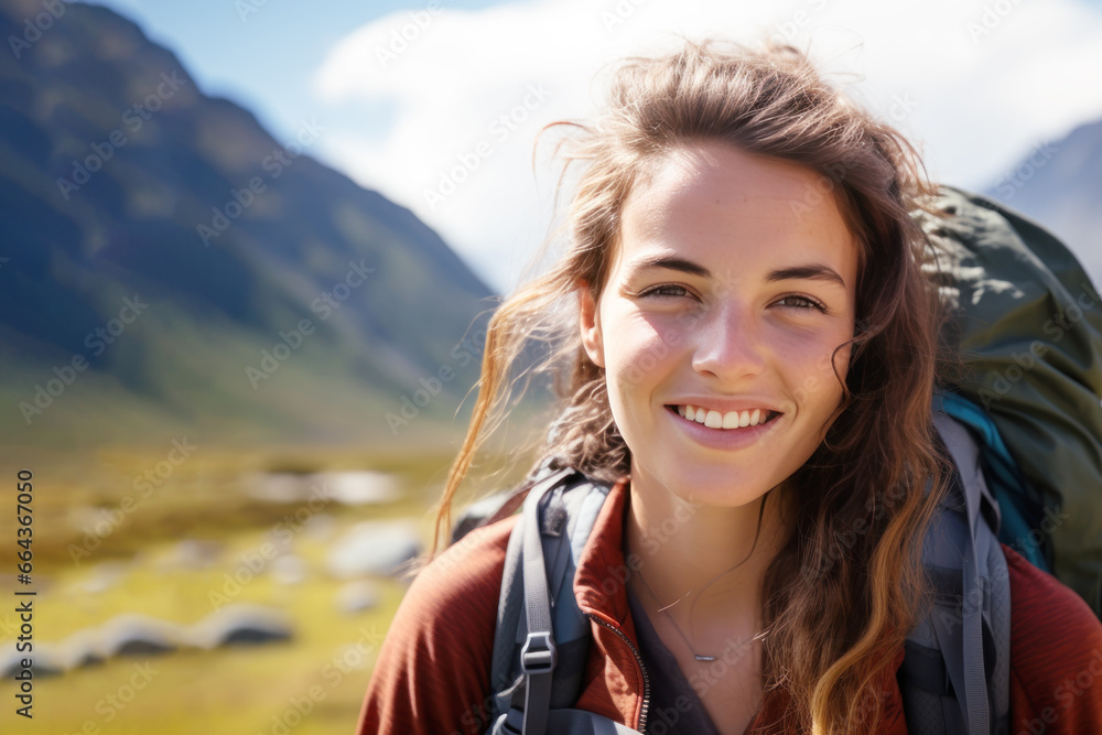 Nature lover woman smiling in jacket and backpack hiking up mountain Nature lover woman smiling in jacket and backpack hiking up mountain