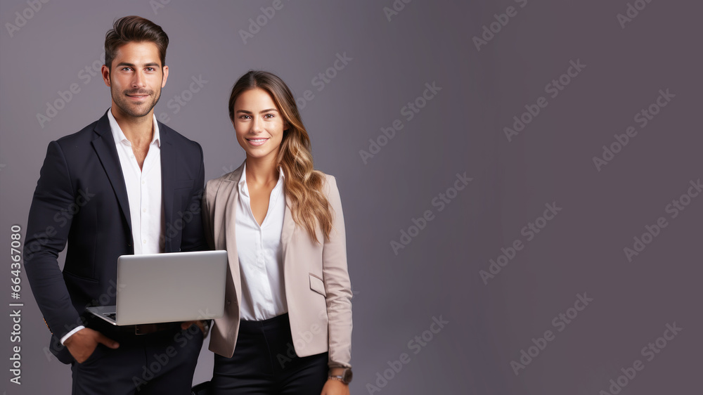 Multiracial pair of businesspeople holding laptop computer