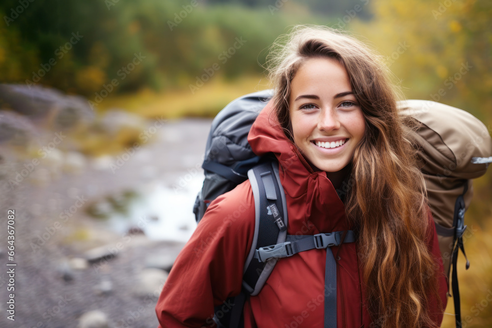 Nature lover woman smiling in jacket and backpack on hiking trail Nature lover woman smiling in jacket and backpack on hiking trail