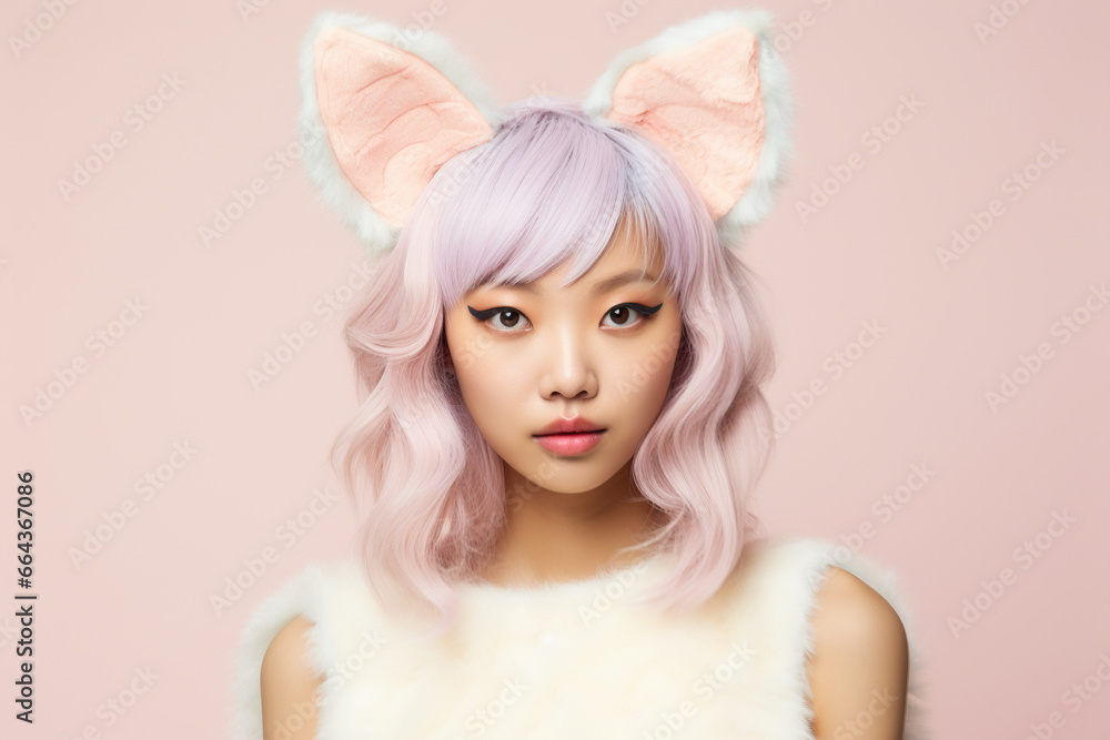 Beautiful Asian woman with pastel hair and costume cat ears in front of