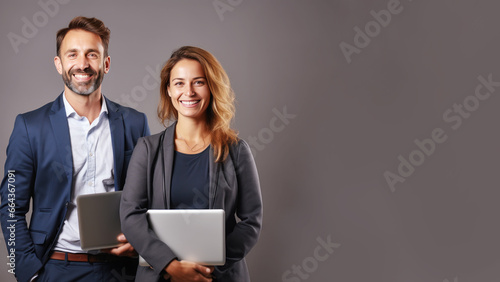 Multiracial pair of businesspeople holding laptop computer