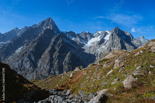 The panorama of Val Ferret  one of the wildest and most spectacular areas of the Italian Alps  near the town of Courmayeur  Valle d Aosta  Italy - October 2  2023.