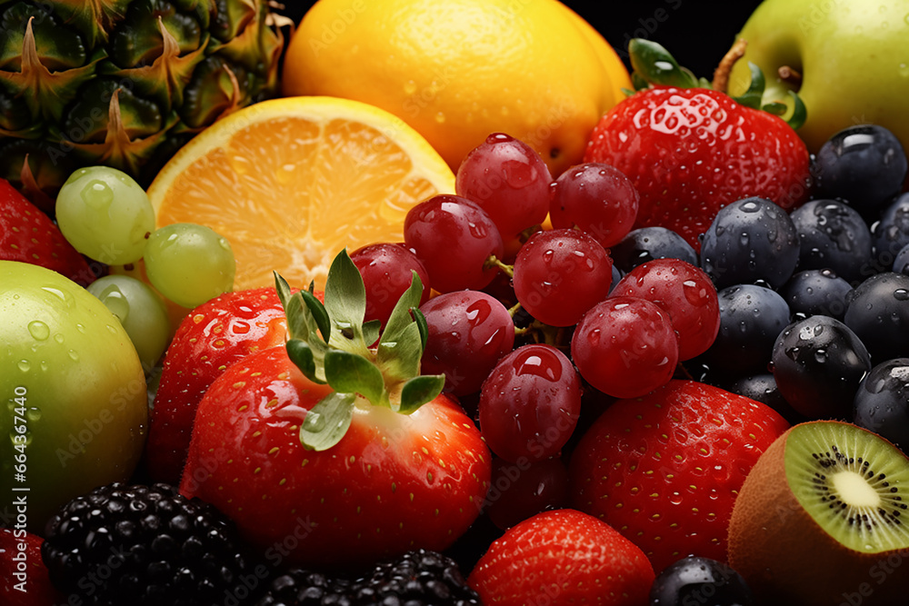 Various fresh fruits. Dark background.