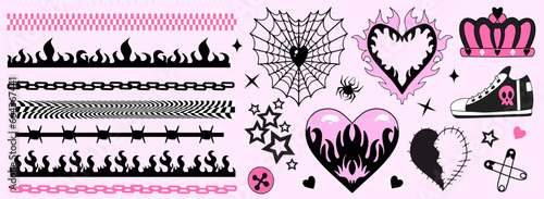 Y2k 2000s cute emo goth aesthetic stickers, tattoo art elements, borders. Vintage pink and black gloomy set. Gothic halloween concept of creepy love. Vector illustration photo