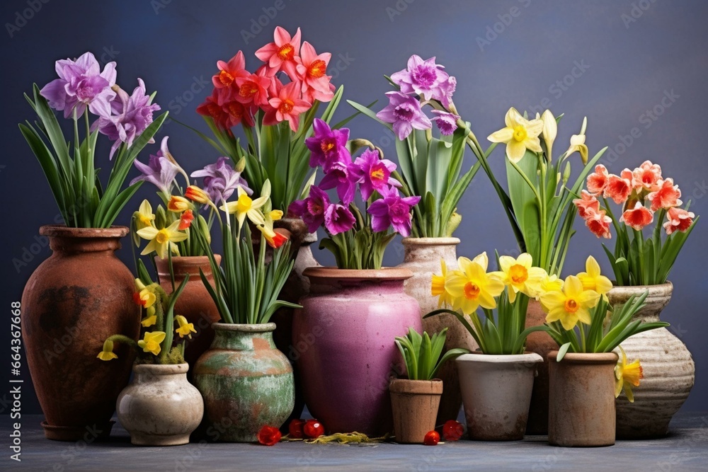 Colorful flowers in pots on clear background. Daffodils, crocus, and primulas. Generative AI