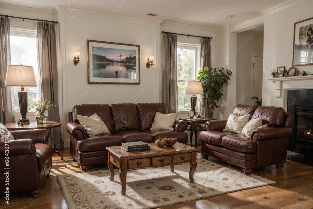 luxury livingroom interior design mockup with brown leather furniture and picture frame in a wall. luxury livingroom interior design mockup with brown leather furniture and picture frame in a wall.