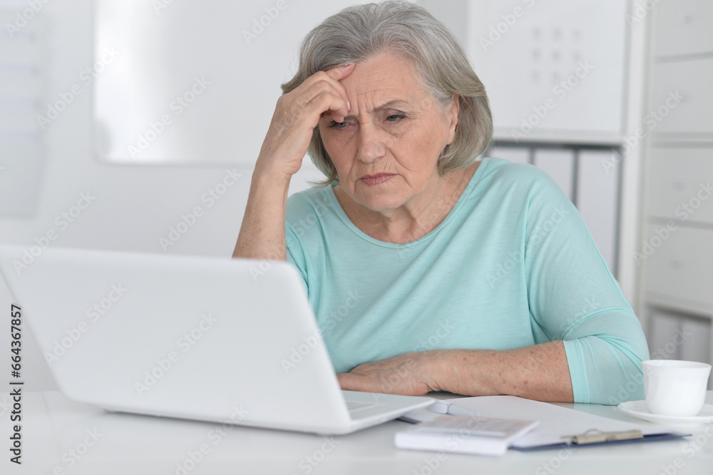 old woman with a laptop on a white background old woman with a laptop on a white background