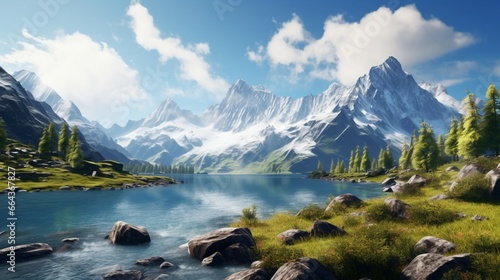 A pristine alpine lake nestled in a valley surrounded by towering, snow-capped peaks.