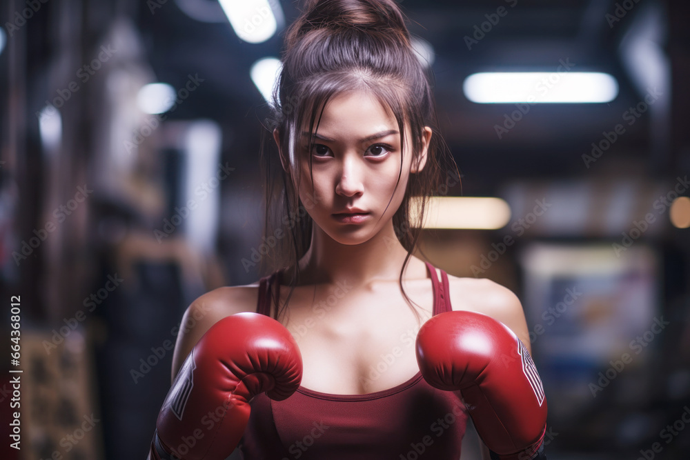 Asian boxer in boxing wear practice in gym