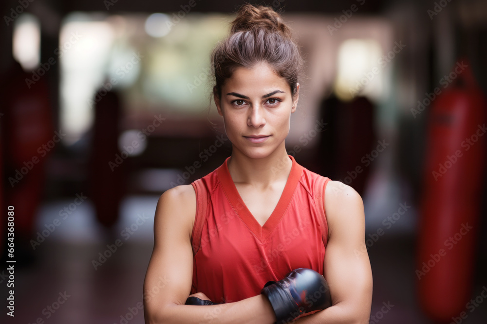 Fototapeta premium A blonde boxer in boxing wear practices in the gym