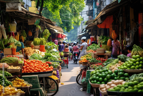 Bustling Street Market in Hanoi, Vietnam: A Cultural Experience with Vibrant Vendors and Fresh Produce.



 photo