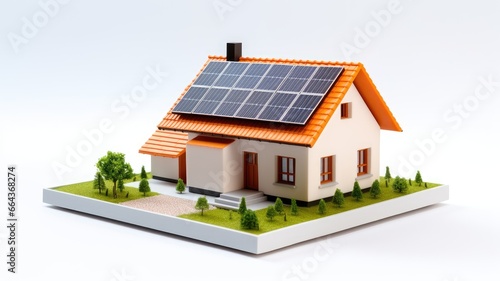 a hand holding a small model house with prominent solar panels installed on its roof, highlighting the role of renewable energy in eco-friendly living. © lililia