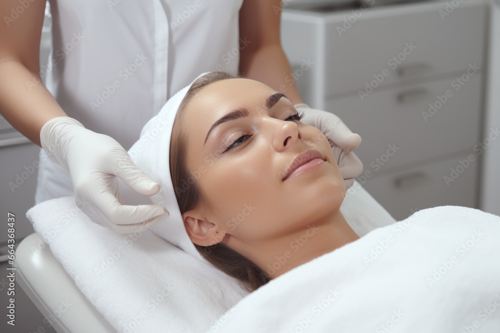 A woman is undergoing a cosmetic procedure service at a beauty salon A woman is undergoing a cosmetic procedure service at a beauty salon