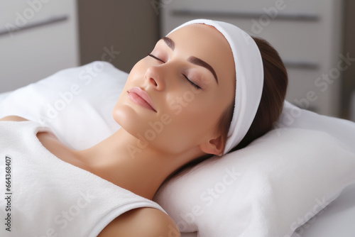 A woman is undergoing a cosmetic procedure service at a beauty salon