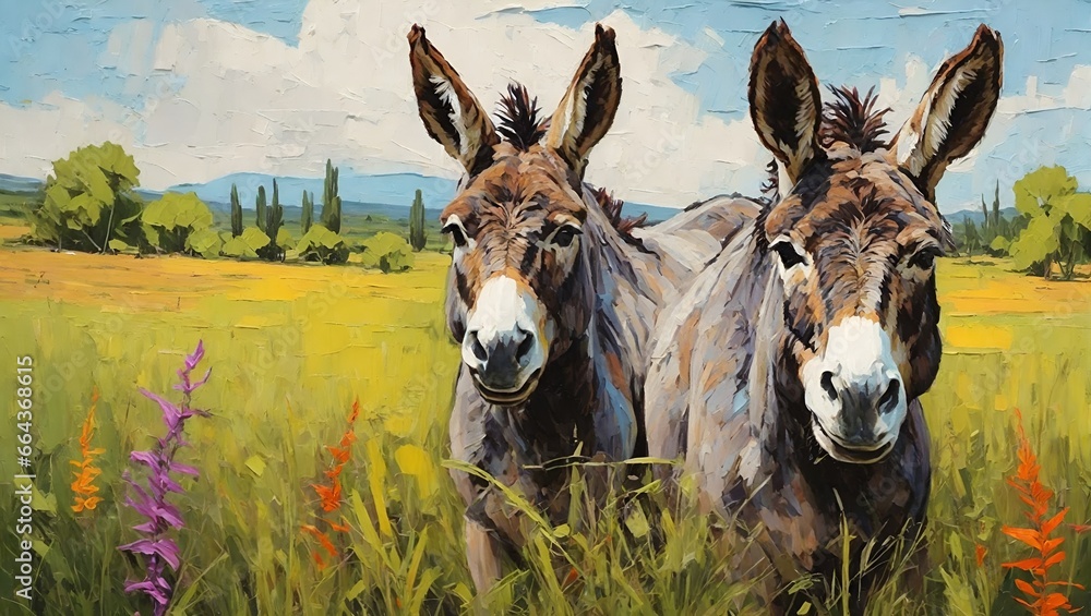 donkey in the wheat field, Impasto oil painting donkey in the wheat field, Impasto oil painting